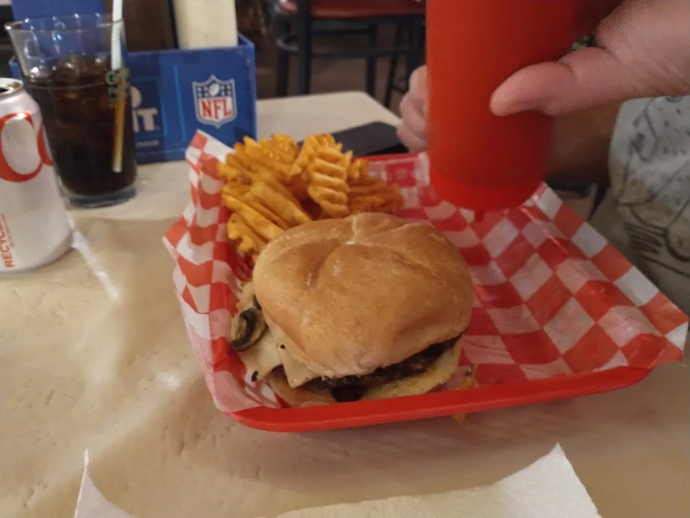 Mushroom Swiss Burger with Waffle Fries